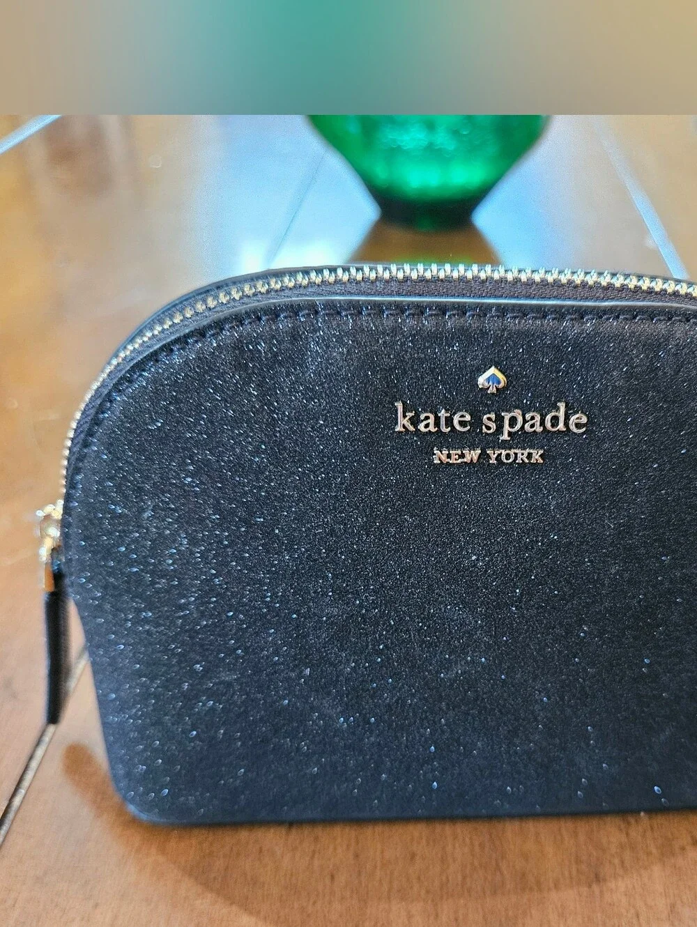 Kate Spade black glitter dome cosmetic pouch